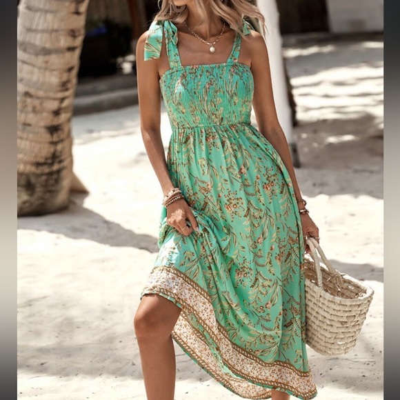 Boho Floral Print Smocked Tie Shoulder Tube Top Cami Dress - Picture 2 of 5